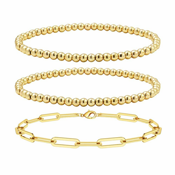 Reoxvo 14K Gold Plated Beaded Ball Stretch Bracelets for Women Stacking Paperclip Chain Bracelets